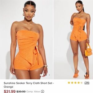 Terry Cloth Strapless Orange Romper with Side Drawstring
